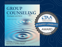 Image with the textbook cover with the title "Group Counseling" and a logo of the McGuffey Longevity Award.