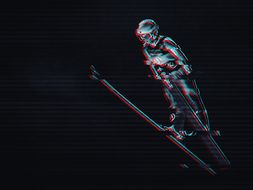 A skier with with a glitched aesthetic