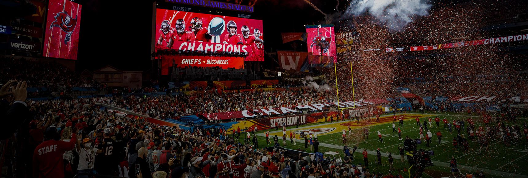 Confetti falls as the buccaneers celebrate winning Superbowl LV