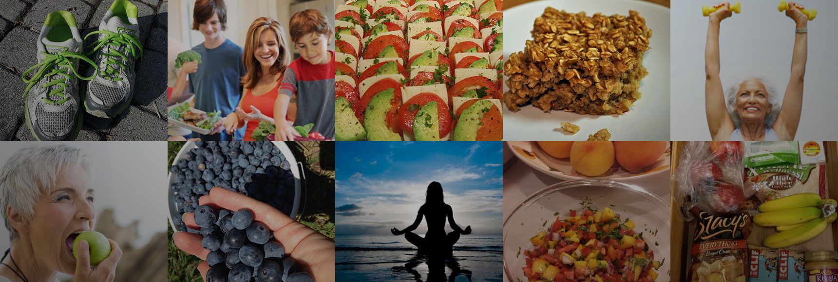A grid of random stock photos related to dieting and exercise