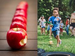 Apples and children playing