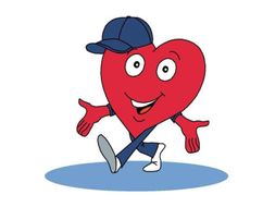 A cartoon heart mascot wearing a hat