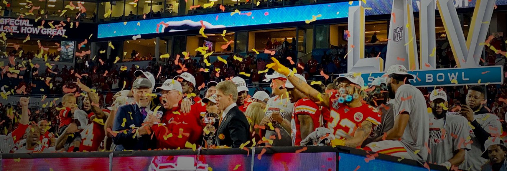 The Chiefs players and owners celebrating after winning the super bowl